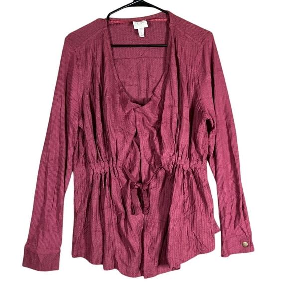 Knox Rose Womens Blouse Burgundy Waist Tie Peplum Long Sleeve Stretch Large - Picture 1 of 12